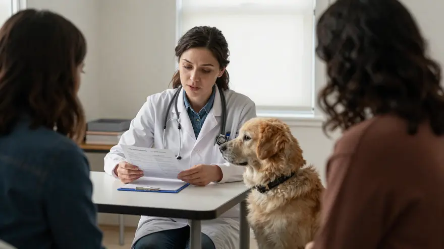 A vet sitting at eye level with an owner, talking through treatment options over an estimate
