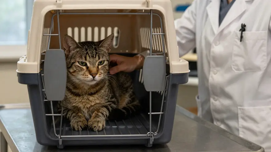 A vet gently examining a relaxed cat while it stays in the bottom half of its carrier