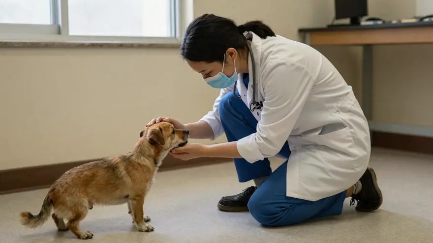 A vet crouched on the floor letting a nervous dog approach in its own time