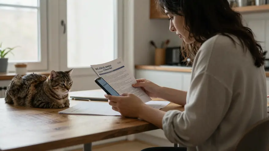 A pet owner reading clinic reviews on a phone at the kitchen table with a cat nearby