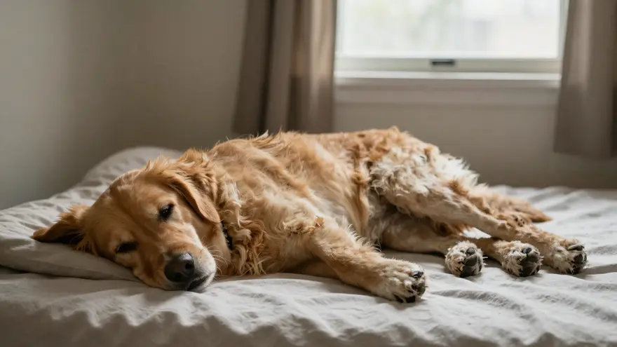 A recovered dog resting happily at home on its bed in soft afternoon light