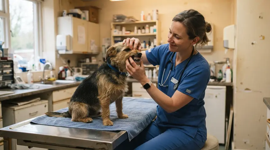 A vet gently checking the teeth of a calm mixed-breed dog on an examination table