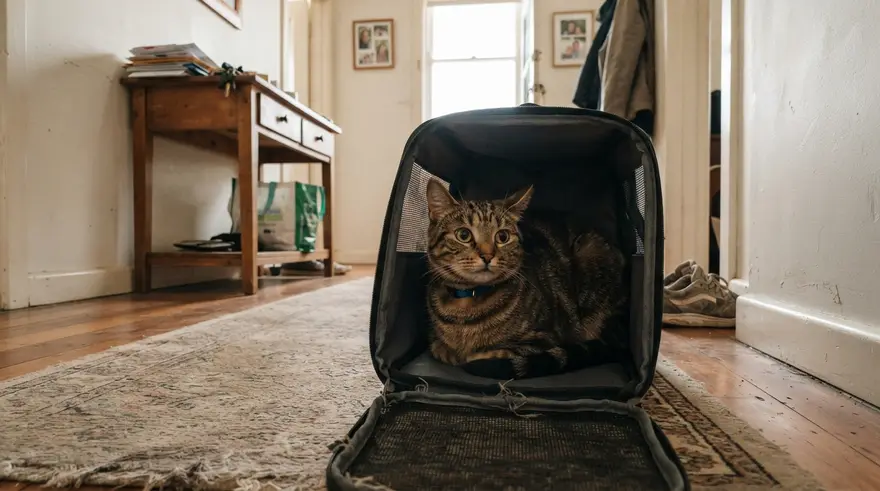 A worried cat curled at the back of an open carrier in a quiet home hallway