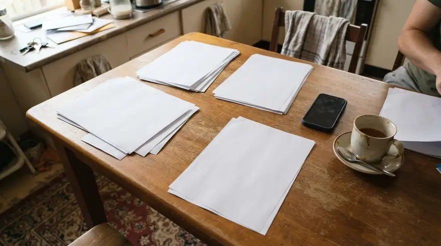 A folder of adoption paperwork and a microchip certificate spread on a kitchen table beside a phone