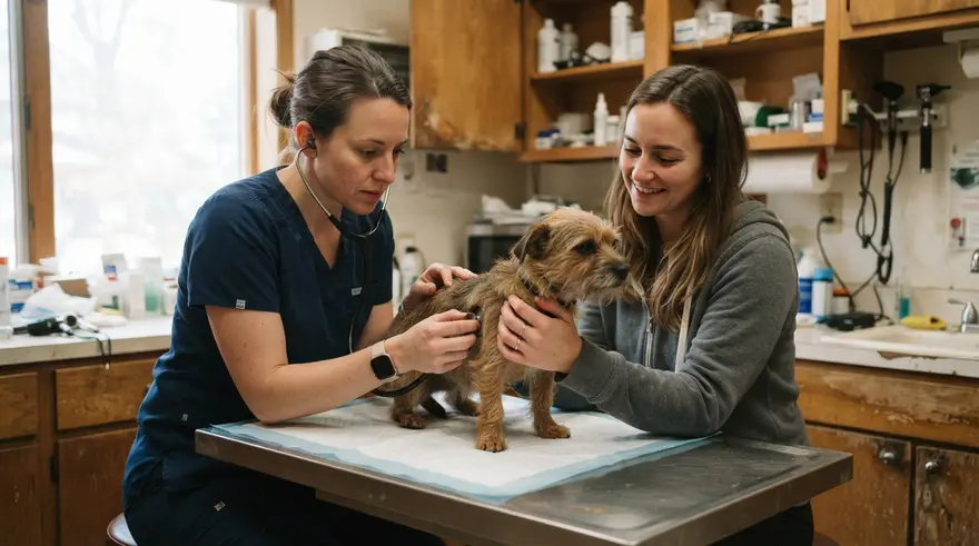 A vet listening to a small dog's chest with a stethoscope while the owner steadies it gently