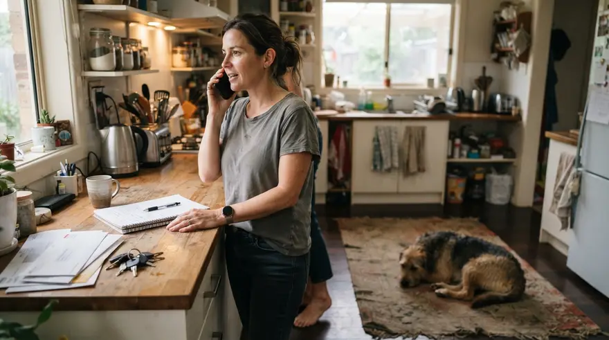 A person on the phone at a kitchen bench with a notepad, a rescue dog resting on the floor nearby