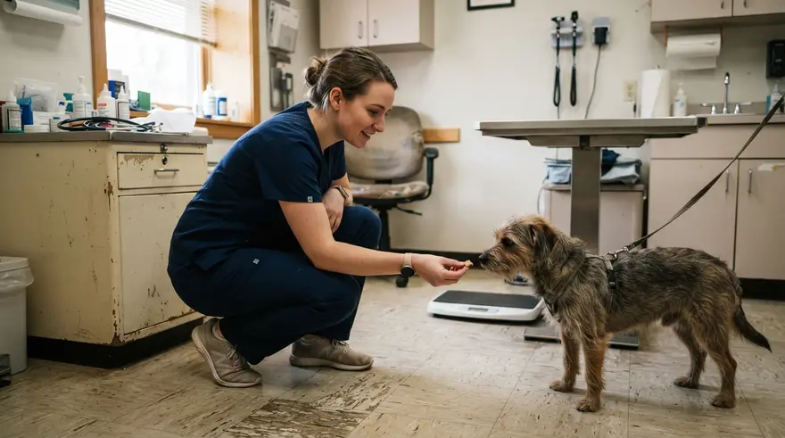 A crouching vet nurse offering a treat to a wary dog on the floor of a consult room rather than lifting it onto the table