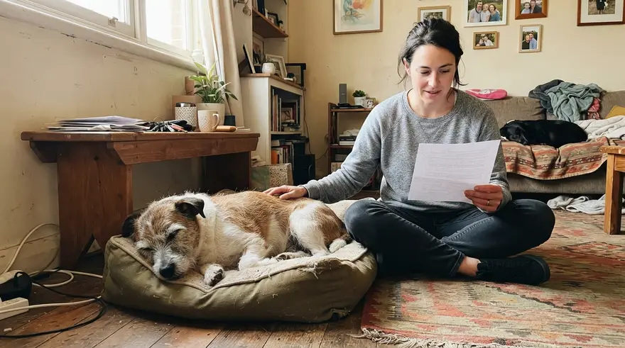 An older rescue dog lying comfortably on a bed while its owner reads through a printed treatment plan