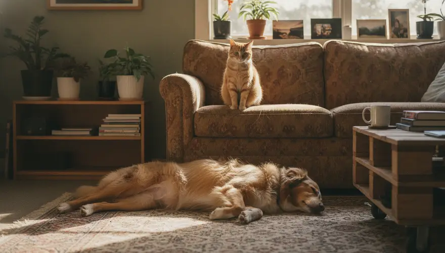 A living room with a dog stretched out on the rug and a cat watching from the back of the couch