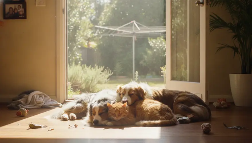 Two dogs and a cat sharing a sunny patch of floor near a back door