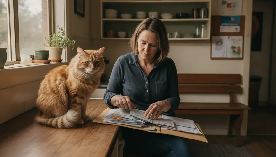 A woman at a kitchen bench sorting through a folder of pet paperwork with a cat sitting beside her
