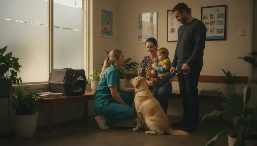 A vet nurse greeting a family in a clinic waiting area with a dog on a lead and a cat carrier on the bench