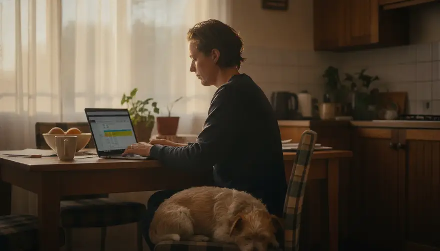 A person at a laptop at the kitchen table with a small dog asleep on the chair next to them