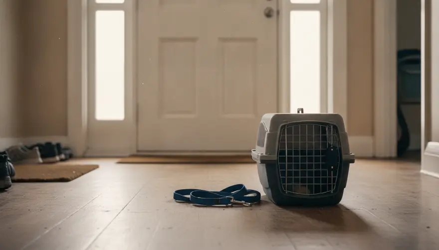 A cat carrier and a dog lead sitting together by the front door ready for an appointment