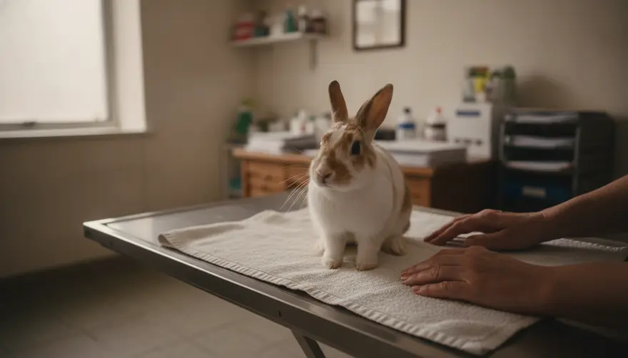 A rabbit sitting alert on a towel-covered table in a quiet consult room