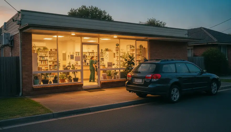 A vet clinic entrance lit up in the evening with a car pulled up outside