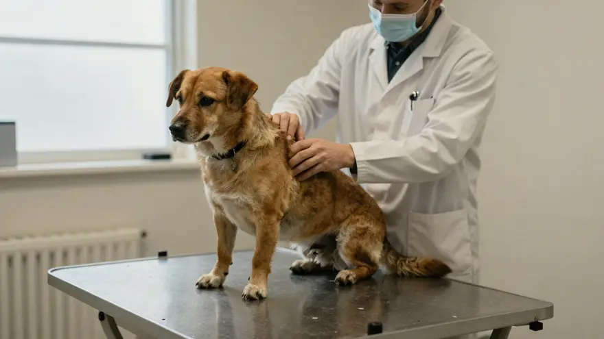 A calm dog being gently checked over by a vet on an exam table before a routine procedure