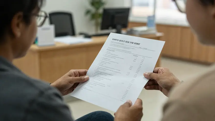 A pet owner reading a printed cost estimate at a clinic reception desk