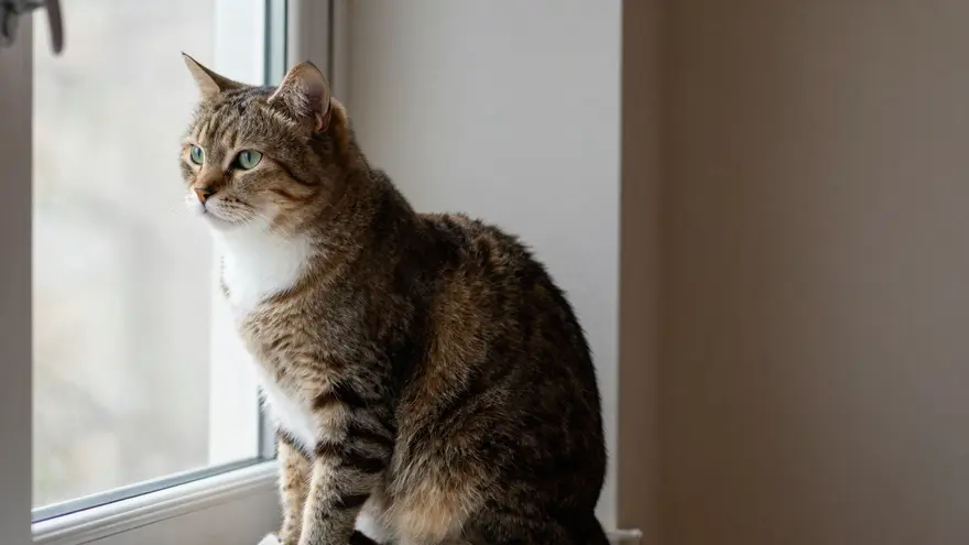A healthy adult cat sitting contentedly on a windowsill in soft daylight