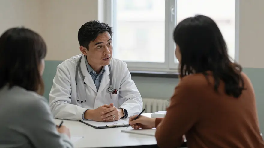 A vet discussing a procedure with a pet owner across a consult room table