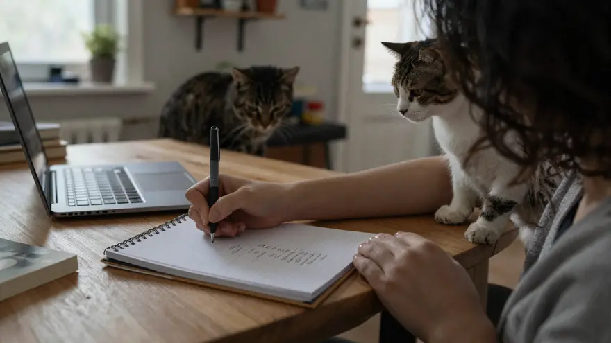 A cat owner writing a list of questions at the kitchen table with a laptop open