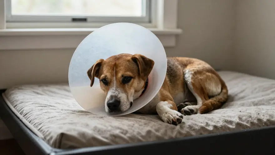 A dog resting quietly in a recovery collar on a soft bed at home
