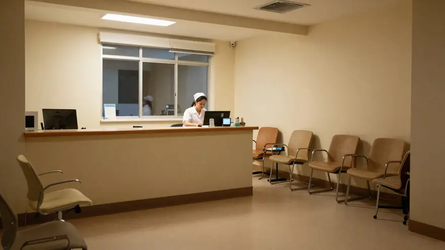 The quiet, brightly lit reception of an after-hours animal hospital in the evening