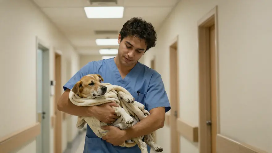 A vet nurse gently carrying a limp dog wrapped in a blanket through a hospital corridor