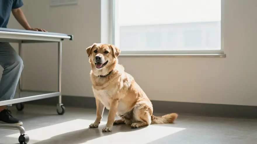 A relaxed dog sitting calmly on the floor of a bright daytime vet consult room with its owner