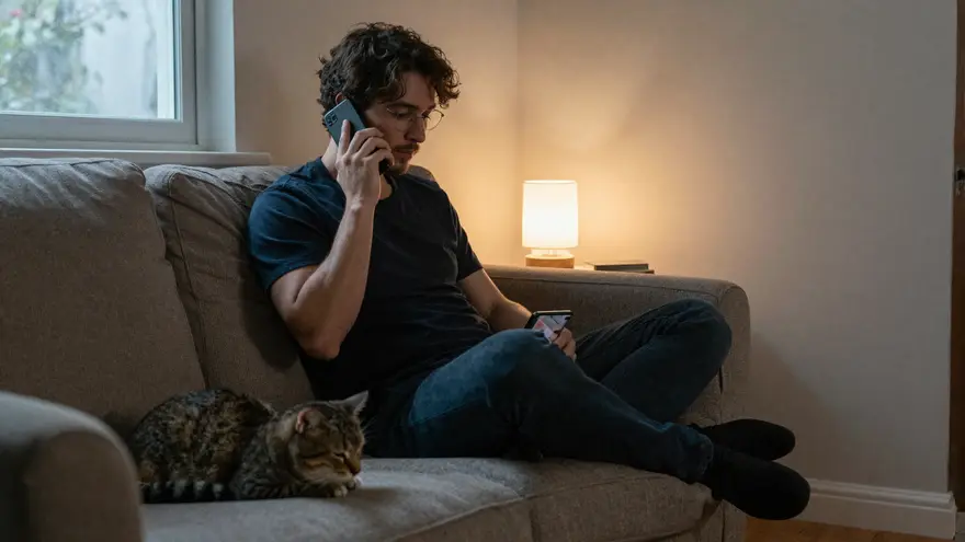 A pet owner sitting on the couch at night, phone to ear, calmly watching their cat nearby