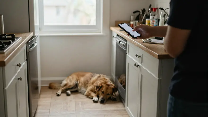A person adding an emergency vet contact into their phone at the kitchen bench in daylight