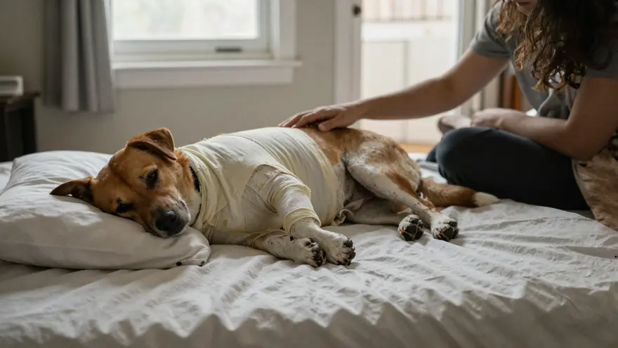 A dog resting comfortably at home on its bed with a recovery wrap, an owner sitting nearby
