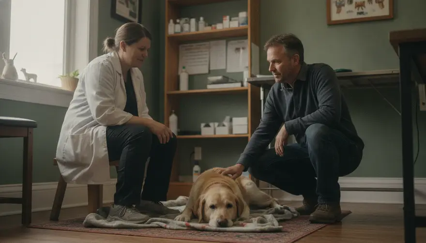 A vet sitting on a low chair at eye level with an older dog while talking quietly to its owner