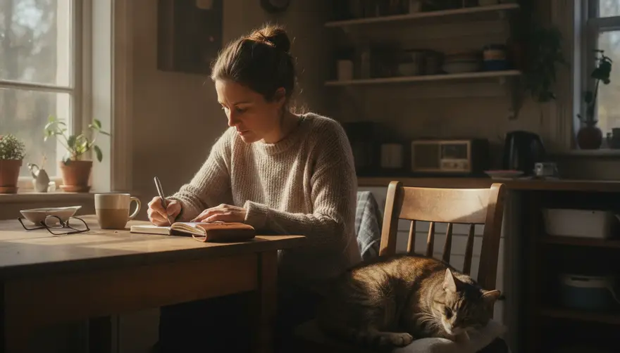 An owner at a kitchen table making notes in a diary while a grey-muzzled cat sleeps on a chair nearby