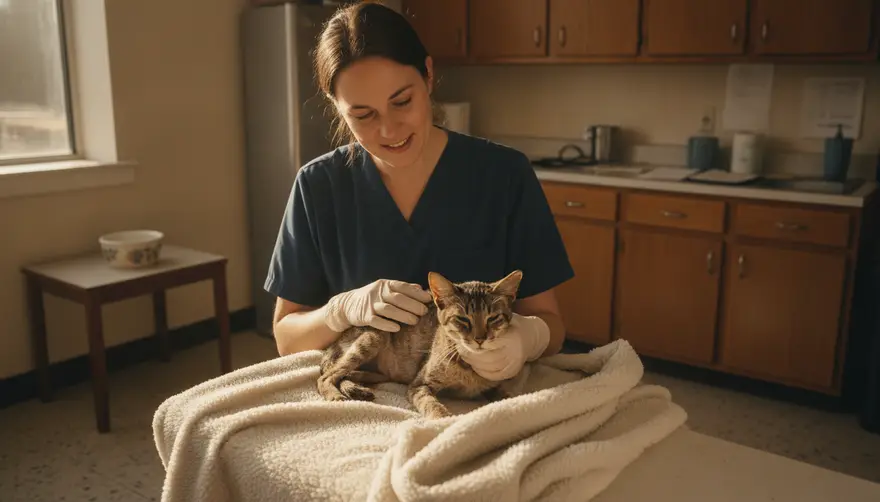 A vet nurse gently settling a thin old cat onto a soft blanket in a quiet consult room