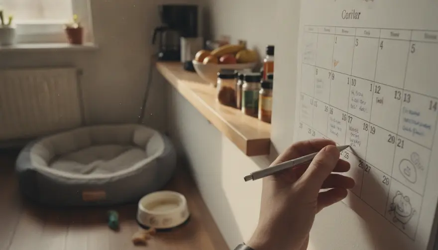 A hand marking small notes on a wall calendar in a kitchen with a dog bed visible on the floor behind