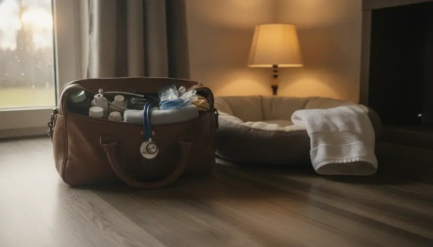 A mobile vet's kit bag open on a living room floor beside a soft dog bed and a lamp