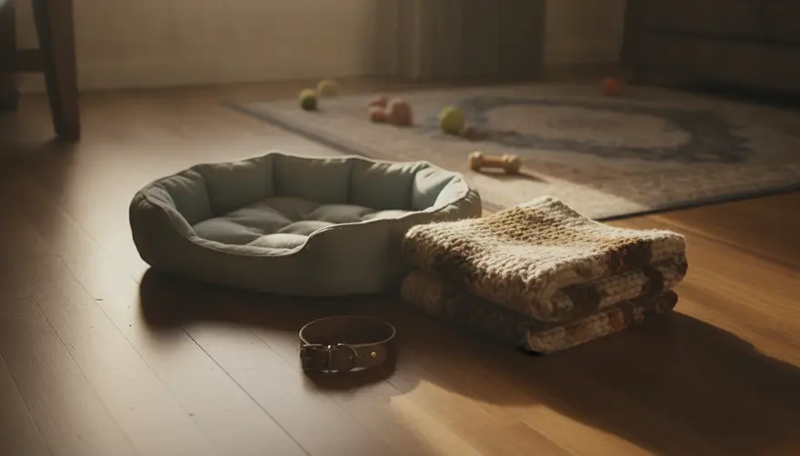 Late afternoon light falling across an empty dog bed and a folded blanket on a lounge room floor