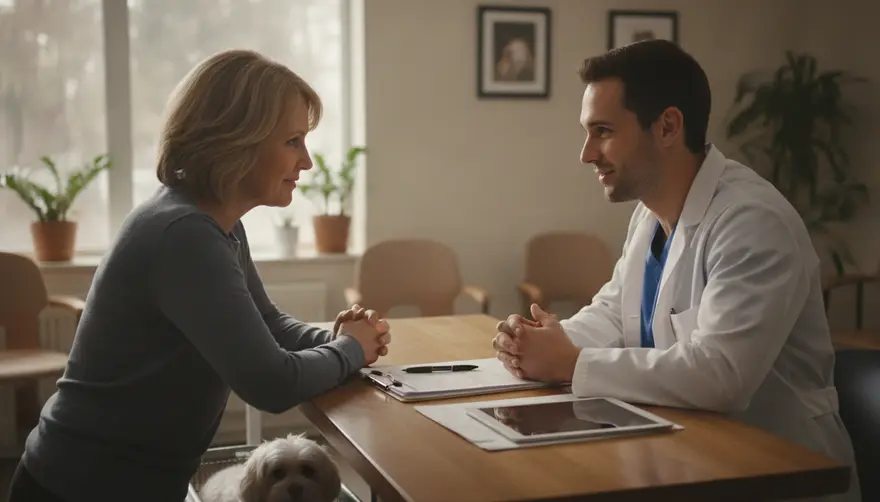 An owner and a vet talking quietly at a clinic reception desk with paperwork between them