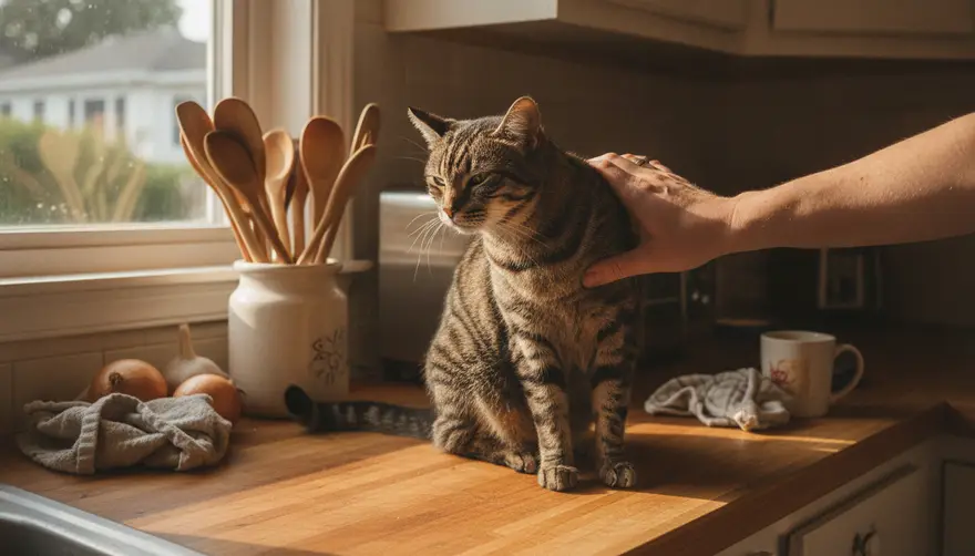 A tabby cat sitting on a kitchen bench being gently checked over by its owner