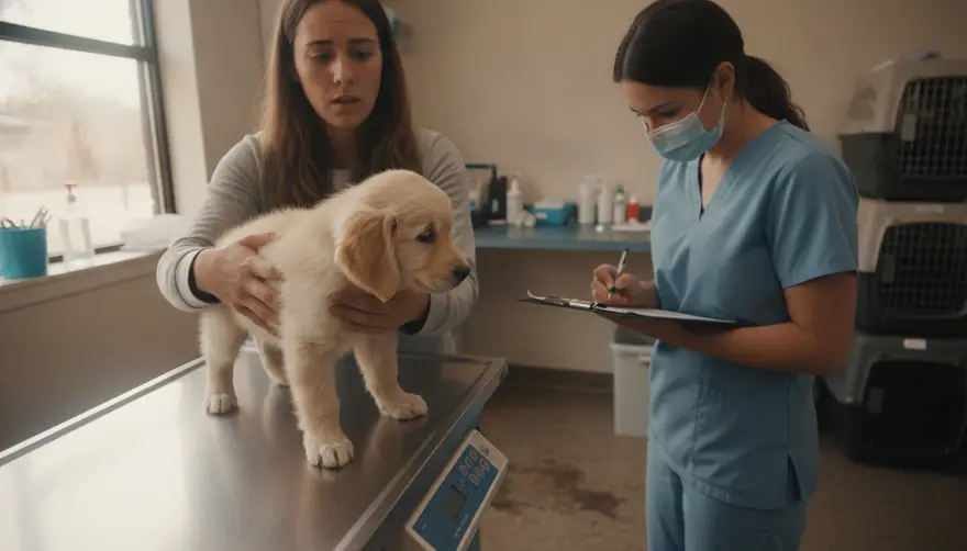 A small puppy being weighed on a clinic scale while its owner steadies it