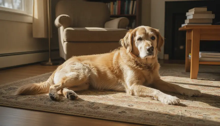 An older grey-muzzled dog resting on a rug in soft afternoon light