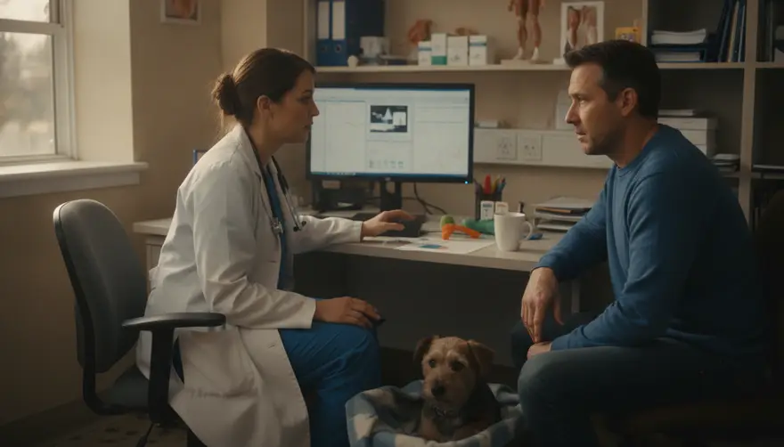 A vet reviewing test results on a screen with a client in a consult room