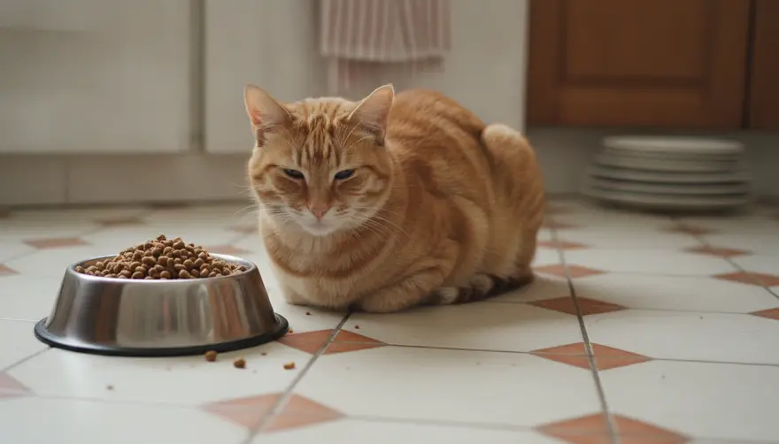 A cat sitting quietly beside its food bowl without eating