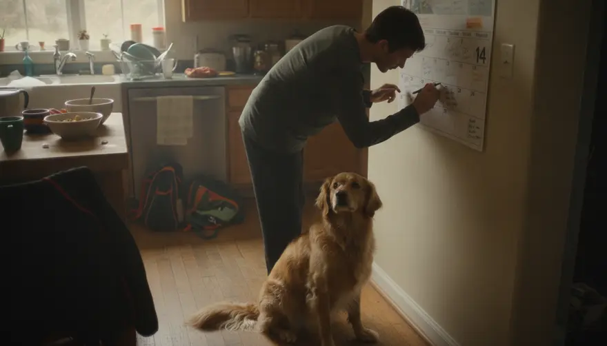 An owner writing an appointment on a wall calendar in the kitchen, dog waiting nearby