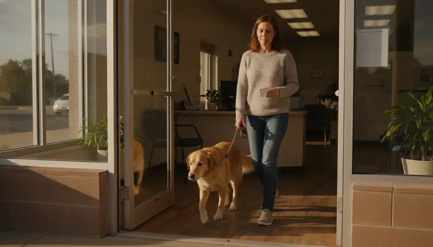 A dog and its owner leaving a clinic in the late afternoon, appointment card in hand