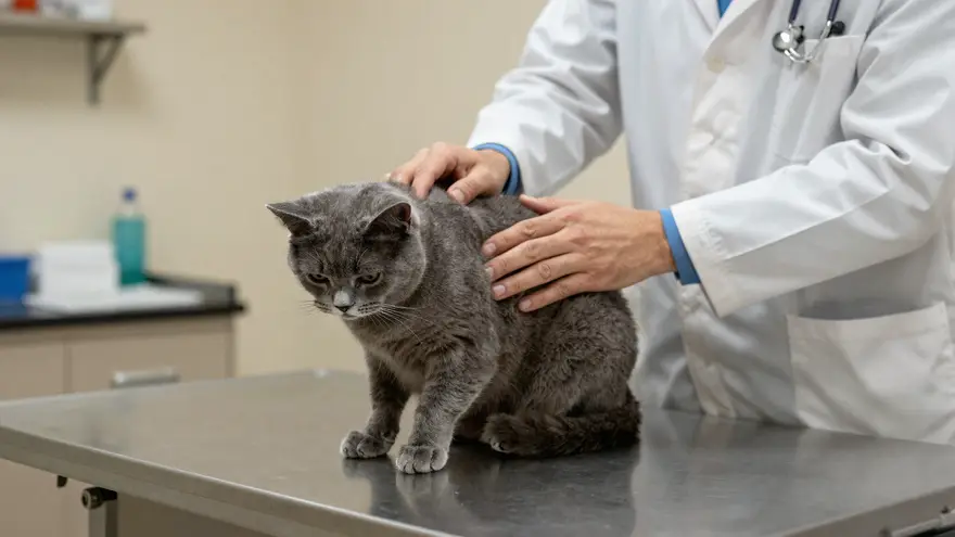 A nervous grey cat crouched low on an exam table while a vet calms it with gentle hands