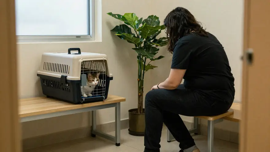 A quiet separate cat waiting area in a clinic, with a covered carrier on the bench beside its owner