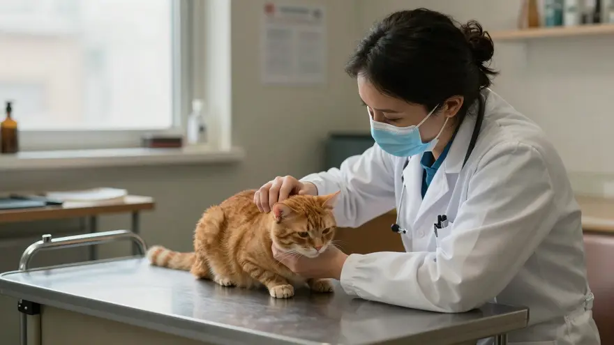 A relaxed ginger cat being gently examined in a calm, quiet clinic room