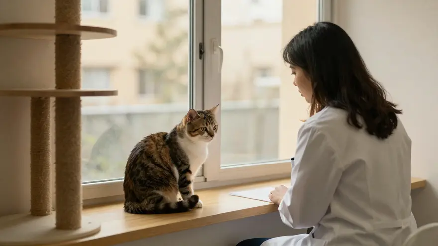 A relaxed cat on a warm windowsill perch inside a feline-only clinic